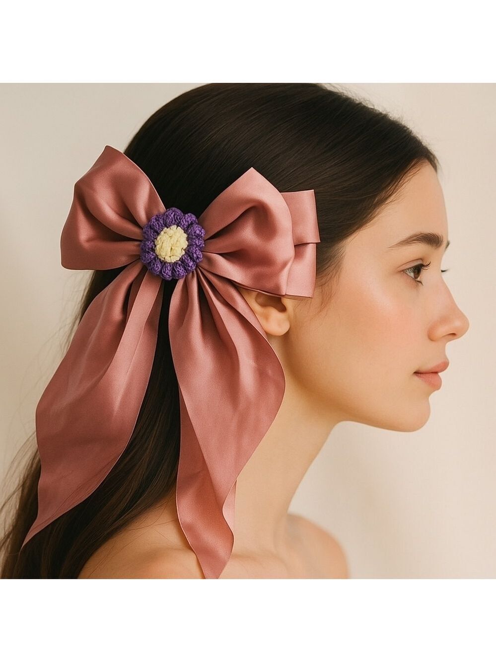 Handmade Coquette Hair Bow Clip Crochet Flower Barrette Girl Balletcore Look